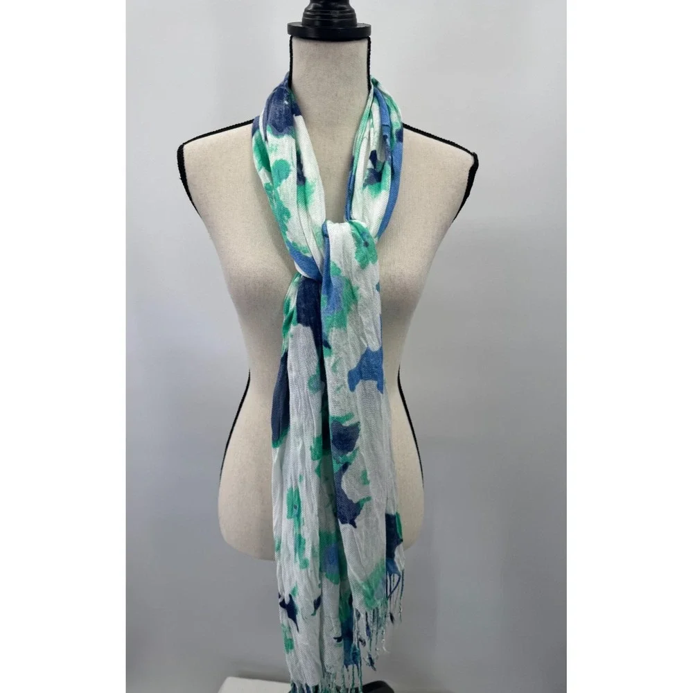 Watercolor Teal Blue White Scarf Shawl Wrap Artsy Coastal Marine Fringe Mermaid